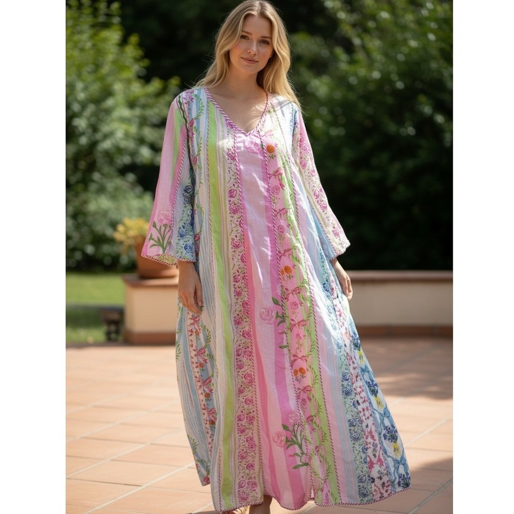 Mary Marshmallow NWOT SZ SM Floral Cotton Patchwork Kaftan Maxi Dress Oversized